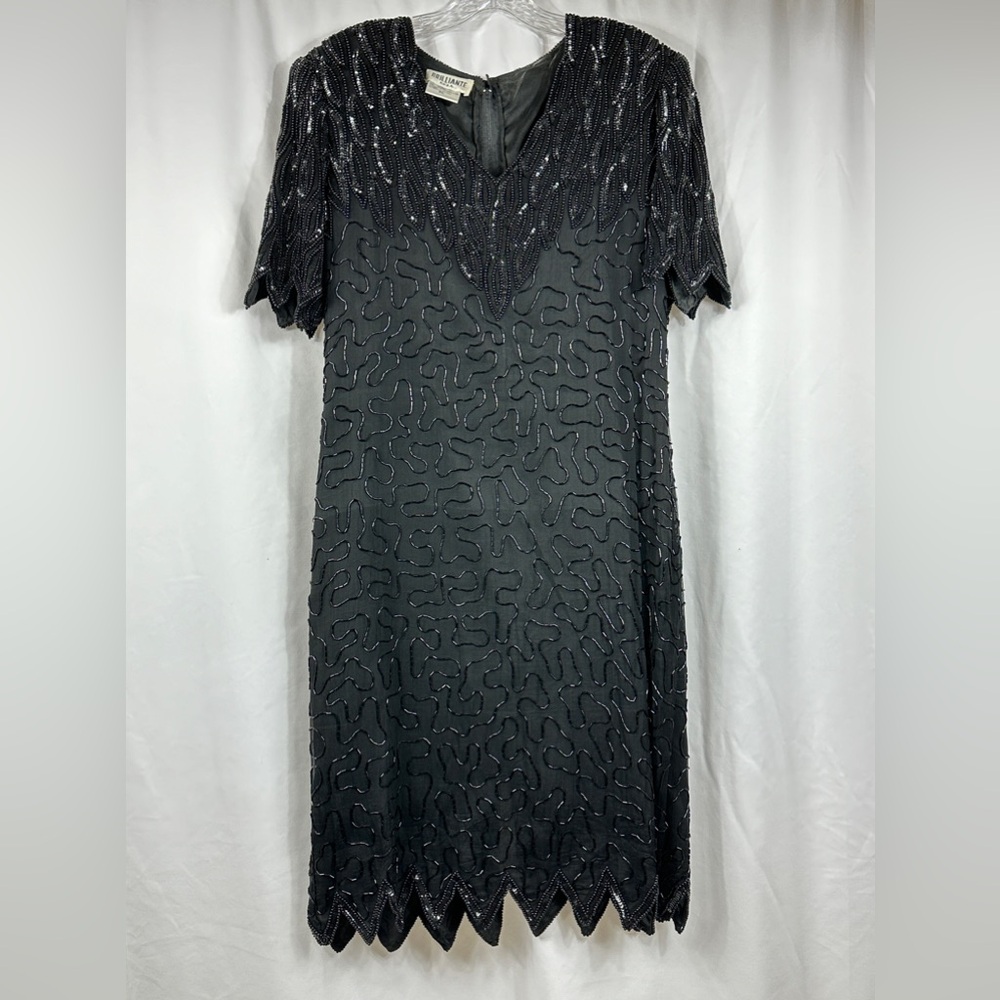 Vintage Brilliante By JA Black Beaded Sequin 100% Silk Midi Shift Dress Size XL